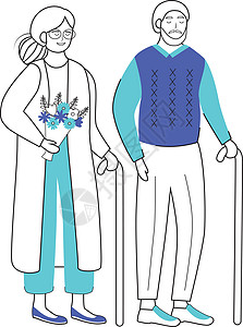 退休人员平面矢量图解 拿着拐杖的高龄家庭 老夫妻 有花的老妇人 养老金领取者在白色背景上用轮廓元素隔离了卡通人物图片