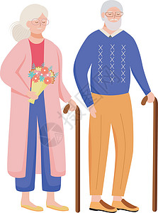 退休人员平面矢量图解 拿着拐杖的高龄家庭 老夫妇花时间在一起 有花的老妇人 白色背景上的养老金领取者卡通孤立人物衣服外套奶奶插图图片