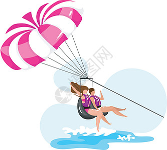 滑翔伞平面矢量图 极限运动体验 积极的生活方式 暑假有趣的活动 海洋绿松石波 蓝色背景上的一对孤立的卡通人物海景海浪插图漂浮海滩设计图片
