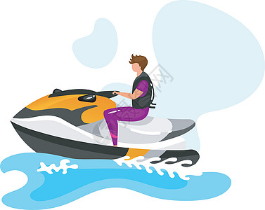人在水上滑板车平面矢量图 极限运动体验 积极的生活方式 暑假户外趣味活动 海浪 蓝色背景上孤立的运动员卡通人物快艇汽艇肾上腺素游图片