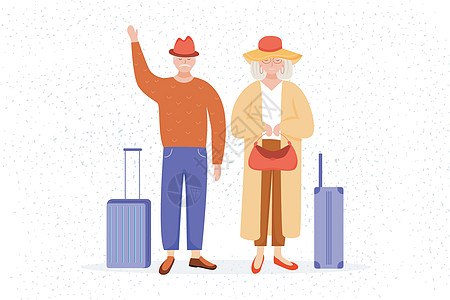 退休人员平面矢量图解 老年旅行者 带着手提箱去度假的老夫妇 旅行的养老金领取者卡通人物奶奶女性家庭巡航长老插图成人男性游客夫妻图片