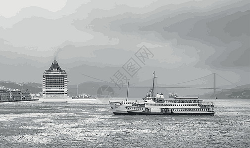 伊斯坦布尔的城市景观和景观与船建筑文化游客蓝色地标日落旅行假期旅游风景图片