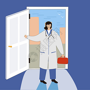 微笑的女医生站在门口 有趣的角色设计 程式化的卡通插图 家庭医生访问医疗服务宣传海报 横幅广告 寻求专业医疗照顾图片