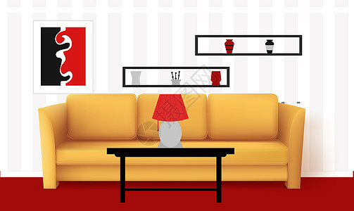 roo 中黄色沙发的模拟插图地面海报桌子风格房间房子装饰小样渲染嘲笑图片