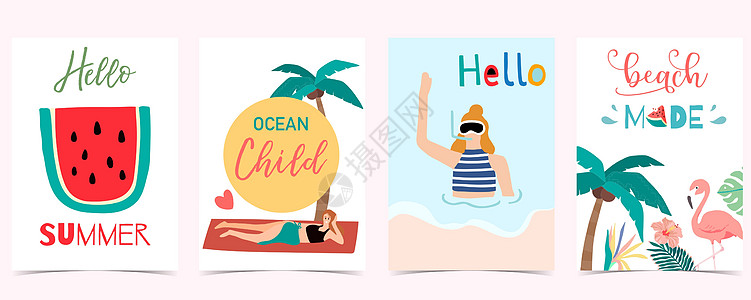 夏季背景集合与人 西瓜 beac季节卡片家庭朋友游泳插图水果彩虹横幅女士图片