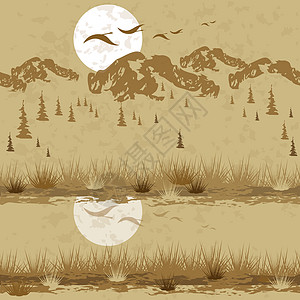 加拿大的风景有山林和riversunset的 鸟儿在飞翔 无缝模式 单色着色图片