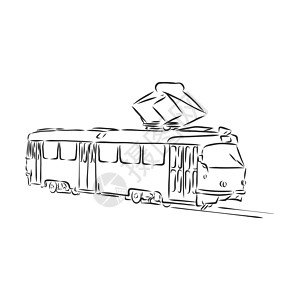电车的孤立的向量例证 城市公共交通 手绘线性涂鸦水墨素描 白色背景上的黑色剪影 它制作图案电车矢量速写艺术火车民众车站运输绘画铁图片