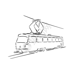 电车的孤立的向量例证 城市公共交通 手绘线性涂鸦水墨素描 白色背景上的黑色剪影 它制作图案电车矢量速写机器车辆铁路绘画民众速度标图片