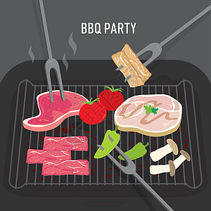 烤牛排一套用于派对牛肉猪肉和蔬菜的烧烤烧烤食品 它制作图案卡通矢量设计图片