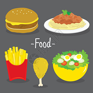 芝士土豆汉堡包炸薯条鸡肉意大利面沙拉食品卡通 vecto设计图片