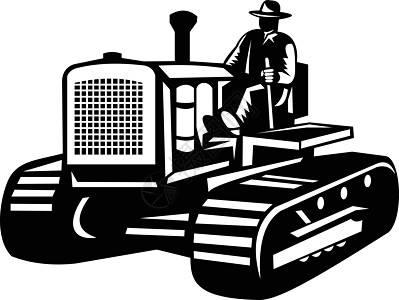 农民驾驶温原农场拖拉机侧视图黑白 Retro版画机器木块油毡农业插图雕刻拉机机械印刷图片