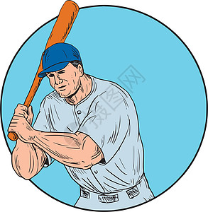 拿着球棒的棒球运动员男人击球运动墨水刮板画线蝙蝠手绘面糊圆圈图片