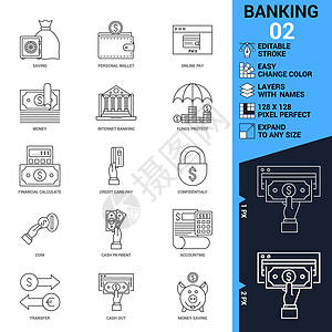 银行图标集 薄线矢量说明建筑资金标识取款机货币投资互联网硬币文档会计图片