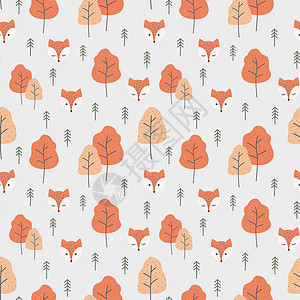 红狐狐卡通和无缝模式墙纸狐狸打印织物橙子树木孩子们婴儿红色卡通片图片