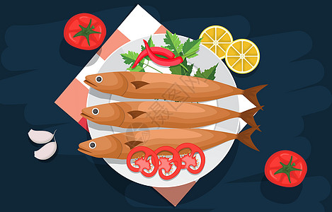沙丁鱼表1中显示的美味食用菜单Tasty Menu盘子胡椒服务柠檬插图甜点相机食谱食物早餐设计图片