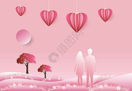 两人手牵手在草地上走 在粉红色纸的美术中生病图片