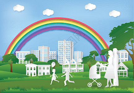 快乐的家庭在公园玩乐 在蓝天的彩虹中 爸爸图片
