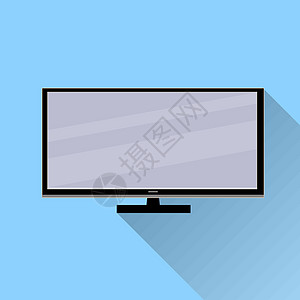 带有长长的阴影的电视图标 蓝色背景上的平面设计液体电脑插图技术互联网娱乐展示屏幕监视器视频图片