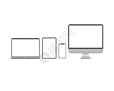 苹果手机电子设备样机逼真的矢量数字白色台式电脑显示屏智能手机平板电脑便携式笔记本电脑或笔记本电脑和 taplet 概述样机电子设备电话监控线简单隔离设计图片