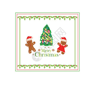 圣诞卡 配着姜饼 装饰圣诞节的圣诞树假期插图星星幸福耳套婴儿吉祥物问候语邀请函推介会图片