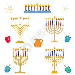 不同种类的Hanukkah 光节 传统的金色月经甘蓝 并配有彩色蜡烛矢量图片