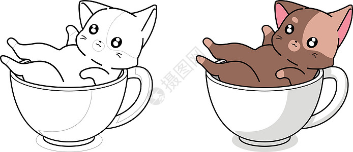 可爱的猫在一杯咖啡卡通着色页涂鸦卡片宠物绘画毛皮乐趣哺乳动物艺术动物草图图片