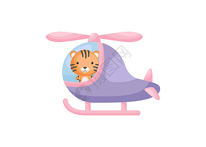 紫色直升机的逗人喜爱的小老虎飞行员 儿童读物专辑的卡通人物婴儿淋浴贺卡派对邀请屋内部 矢量股票它制作图案图片