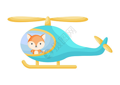 可爱的小狐狸飞行员在绿松石直升机 儿童读物专辑的卡通人物婴儿淋浴贺卡派对邀请屋内部 矢量股票图图片