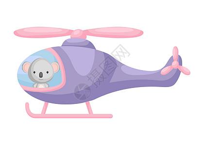 紫色直升机的逗人喜爱的小考拉飞行员 儿童读物专辑的卡通人物婴儿淋浴贺卡派对邀请屋内部 矢量股票图图片