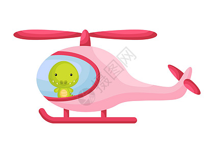 可爱的小鳄鱼飞行员在粉红色的直升机 儿童读物专辑的卡通人物婴儿淋浴贺卡派对邀请屋内部 矢量股票图图片