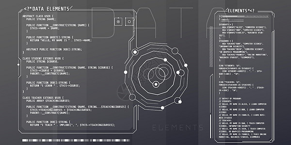 HUD与PHP代码部分的接口要素数字化插图脚本开发商操作程序员建筑学界面数据网络图片