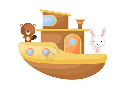 卡通牌可爱的小海狸和野兔在棕色的船上航行 儿童读物专辑的卡通人物婴儿淋浴贺卡派对邀请屋内部 矢量股票图设计图片