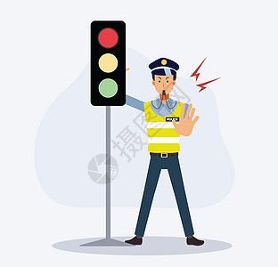 红绿灯附近的交警更是举手拦住闯红灯的车辆 平面矢量卡通人物图片