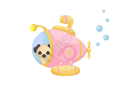 可爱的小哈巴狗在粉红色的潜水艇上航行 儿童读物专辑的卡通人物婴儿淋浴贺卡派对邀请屋内部 矢量股票图图片