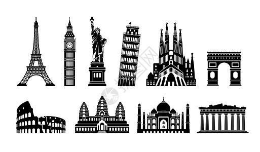世界著名建筑矢量插图集世界遗产自由女神像埃菲尔铁塔等自由雕像旅行游客文化旅游城市卡通片女士雕塑图片