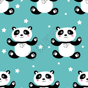 无缝图案与可爱的熊猫宝宝和彩色背景上的星星 有趣的亚洲动物 孩子们的明信片 包装纸的平面矢量插图宠物丛林艺术品考拉吉祥物妈妈哺乳图片