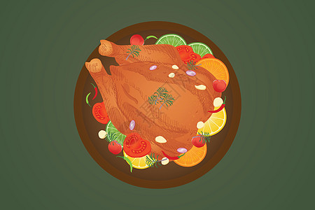圣诞节吃火鸡烤鸡服务顶部视图装饰矢量插图和绘图线设计图片