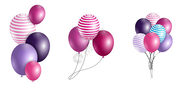 在背景下隔离的彩色光泽氦气球组 一套气球和旗帜 用于生日周年庆典派对装饰 它制作图案矢量纪念日乐趣橡皮玩具礼物丝带展示娱乐飞行插图片