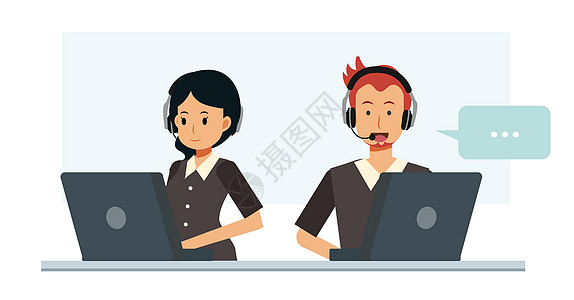 男性和女性客户服务和呼叫中心人物平面卡通矢量图图片