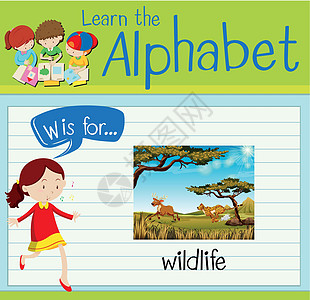 抽认卡字母 W 用于 wildlif教育老虎孩子插图猎豹绿色艺术夹子绘画场地图片