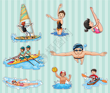 水上运动与运动员一起参加体育运动的粘贴板组设计图片