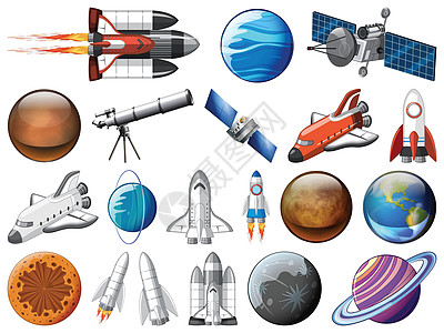 一组空间物体蓝色卡通片乐趣插图土星行星快门项目白色绘画图片