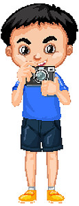 白色背景上带相机的男孩童年男生绘画情感瞳孔男孩们卡通片时代微笑摄影师图片