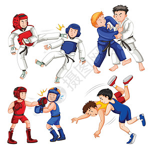 白色背景上的体育活动人士拳击小路男人男性女孩团体罢工摔角跆拳道卡通片图片