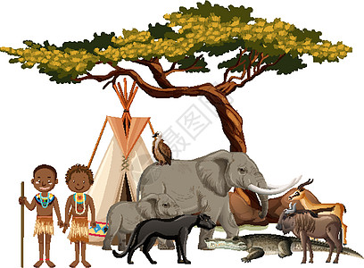 非洲部落与白色背景上的一群非洲野生动物植物生活丛林动物园哺乳动物动物群猎人卡通片捕食者绘画图片