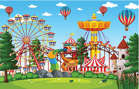 白天的游乐园场景 气球在 sk乐趣节日享受车轮插图马戏团面具庆典环境城市图片