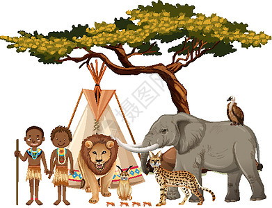 非洲部落与白色背景上的一群非洲野生动物植物动物丛林卡通片插图生活森林哺乳动物荒野绘画图片