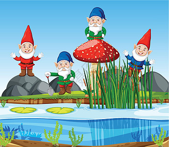 侏儒组站在沼泽旁边的卡通风格庆典木材指示牌收藏框架卡通片想像力孩子场景基督图片