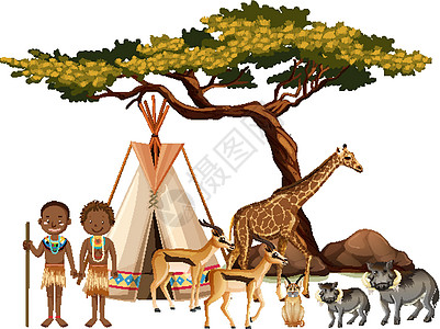 非洲部落与白色背景上的一群非洲野生动物卡通片森林生活捕食者环境猎人荒野动物群动物团体图片