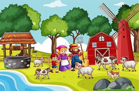 农场童谣场景中的老麦克唐纳孩子们行动农业毛皮仓库动物孩子苗圃动物群童年图片